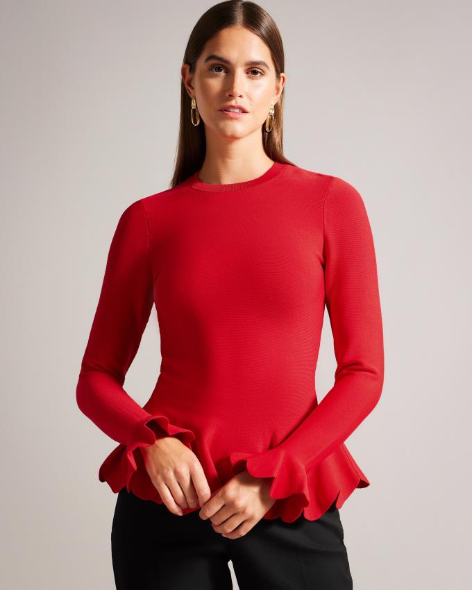 Hauts Ted Baker Long Sleeve Scalloped Peplum Rouge Clair Femme | LWO-95882157